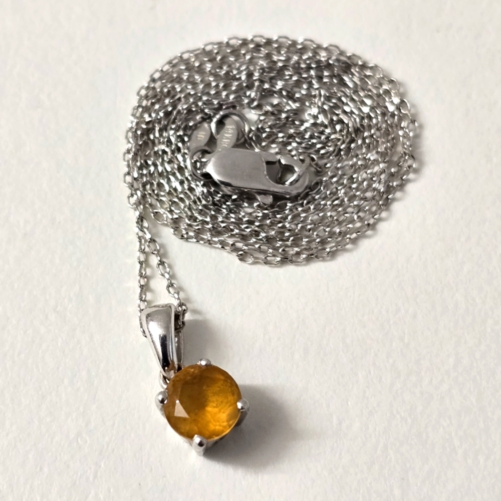 Rare 14K White Gold Chain with 10K Gold Orange Opal Pendant Necklace